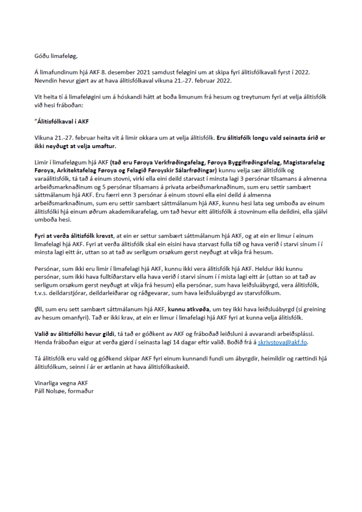 Kunning frá AKF um álitisfólkaval